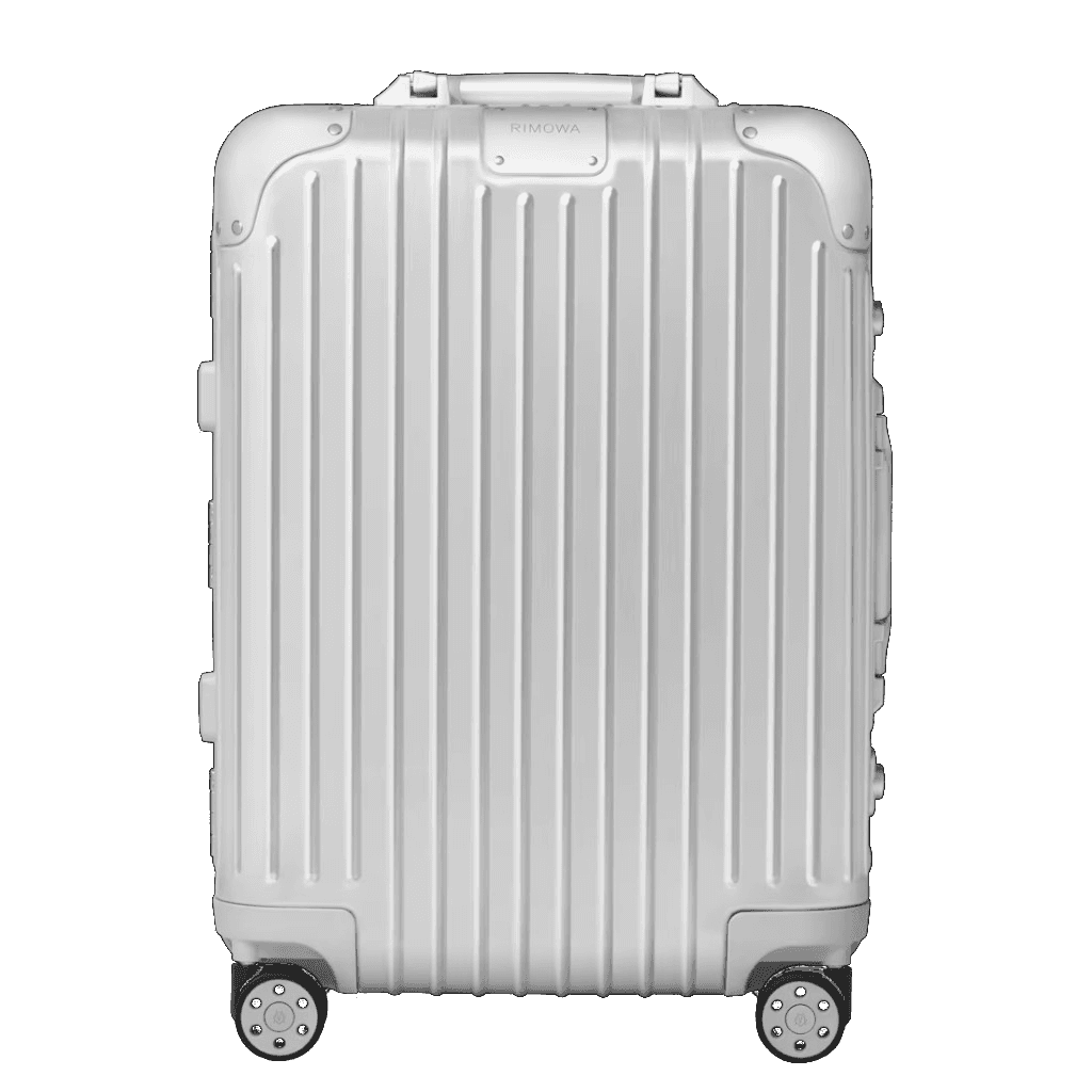 Silver aluminium cabin suitcase, front view, with the ten biddable zones marked out